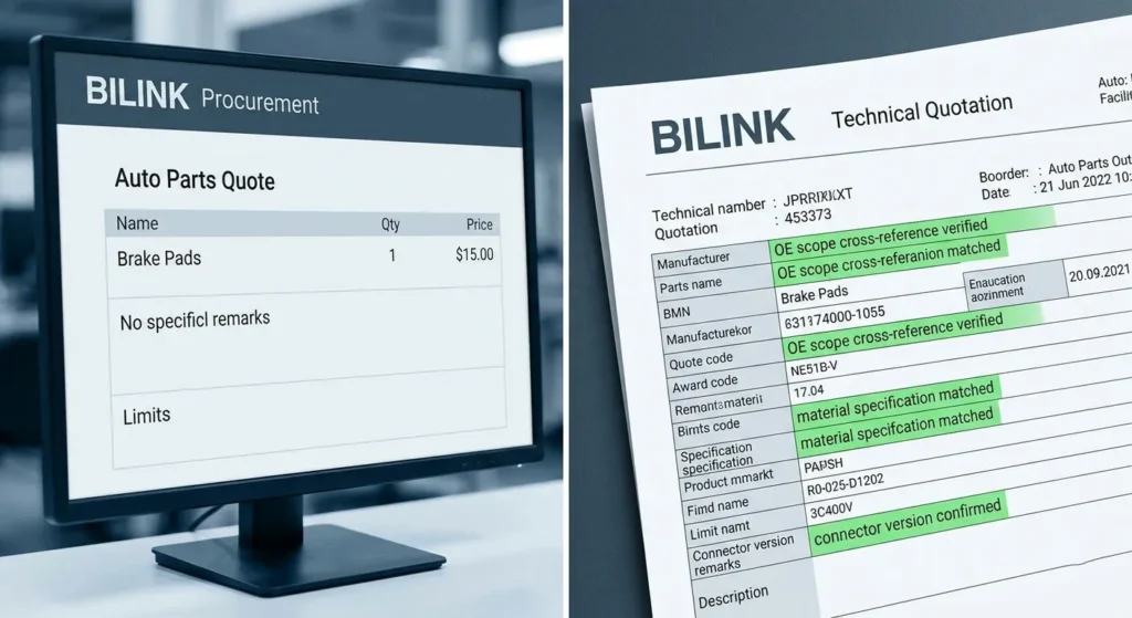 Wholesale automotive parts suppliers comparing generic quotes with technical cross-reference data validation.