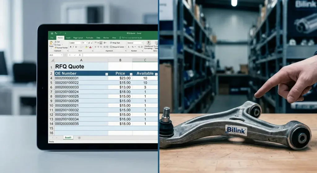 Comparison between a digital auto parts quote and actual warehouse stock for professional procurement.