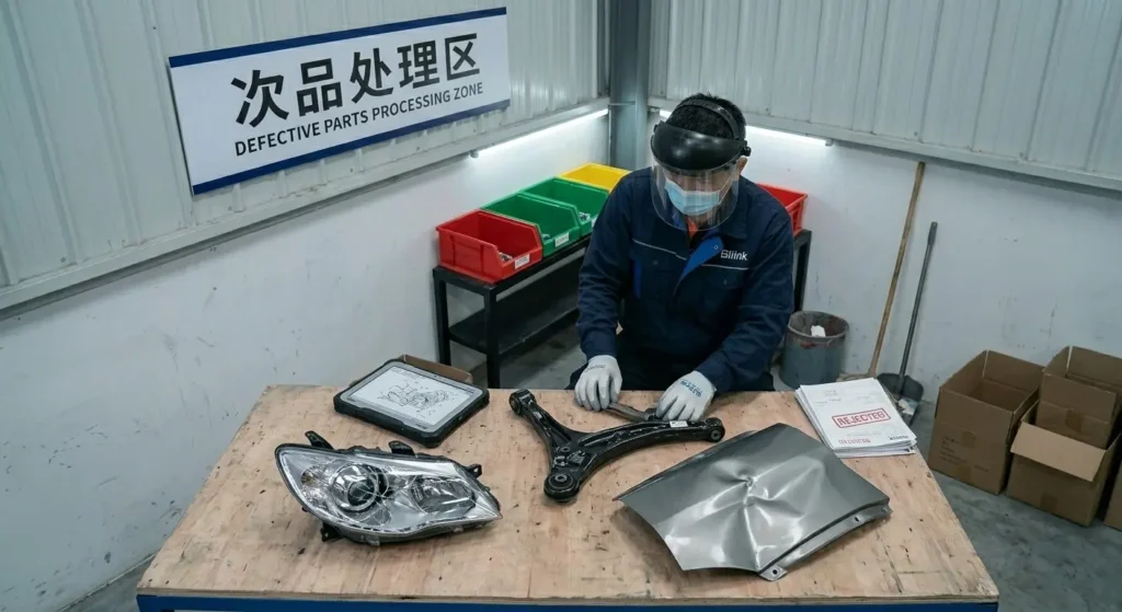 Bilink technical staff destroying a rejected control arm in a dedicated defective parts zone, demonstrating strict quality control over supply chain failures.