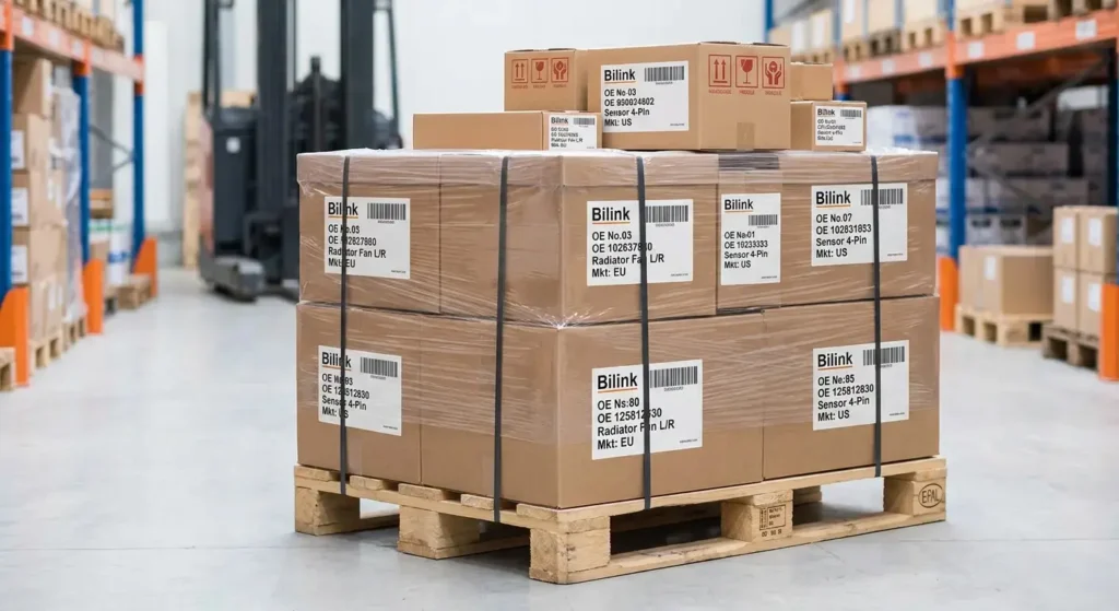 Standard export packaging for auto parts showing reinforced pallets and clear OE labeling for mixed loads.