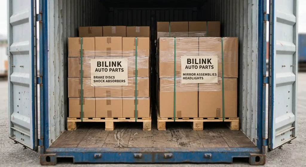 Car parts wholesale export packaging and reinforced mixed loading for international shipping protection by wholesale automotive parts suppliers.