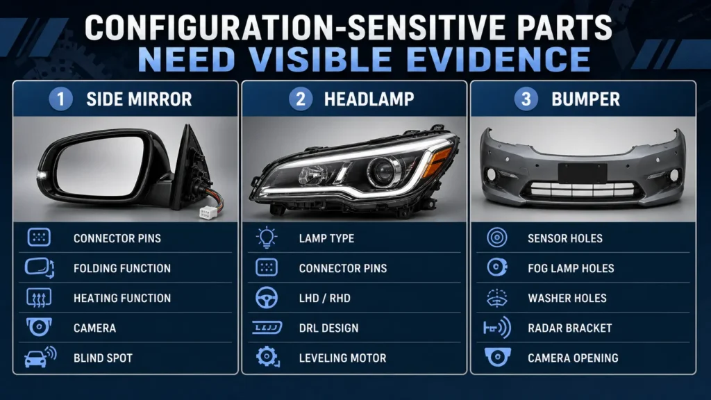 Configuration-sensitive car parts by VIN, including side mirror replacement, headlamp checks, and bumper sensor hole confirmation.