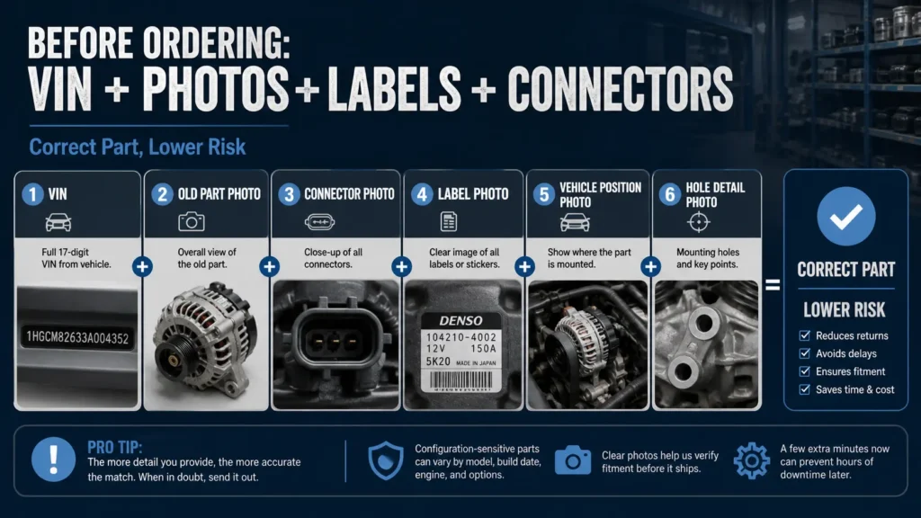 Checklist for ordering car parts by VIN with old part photos, labels, connector photos, and visible vehicle details.