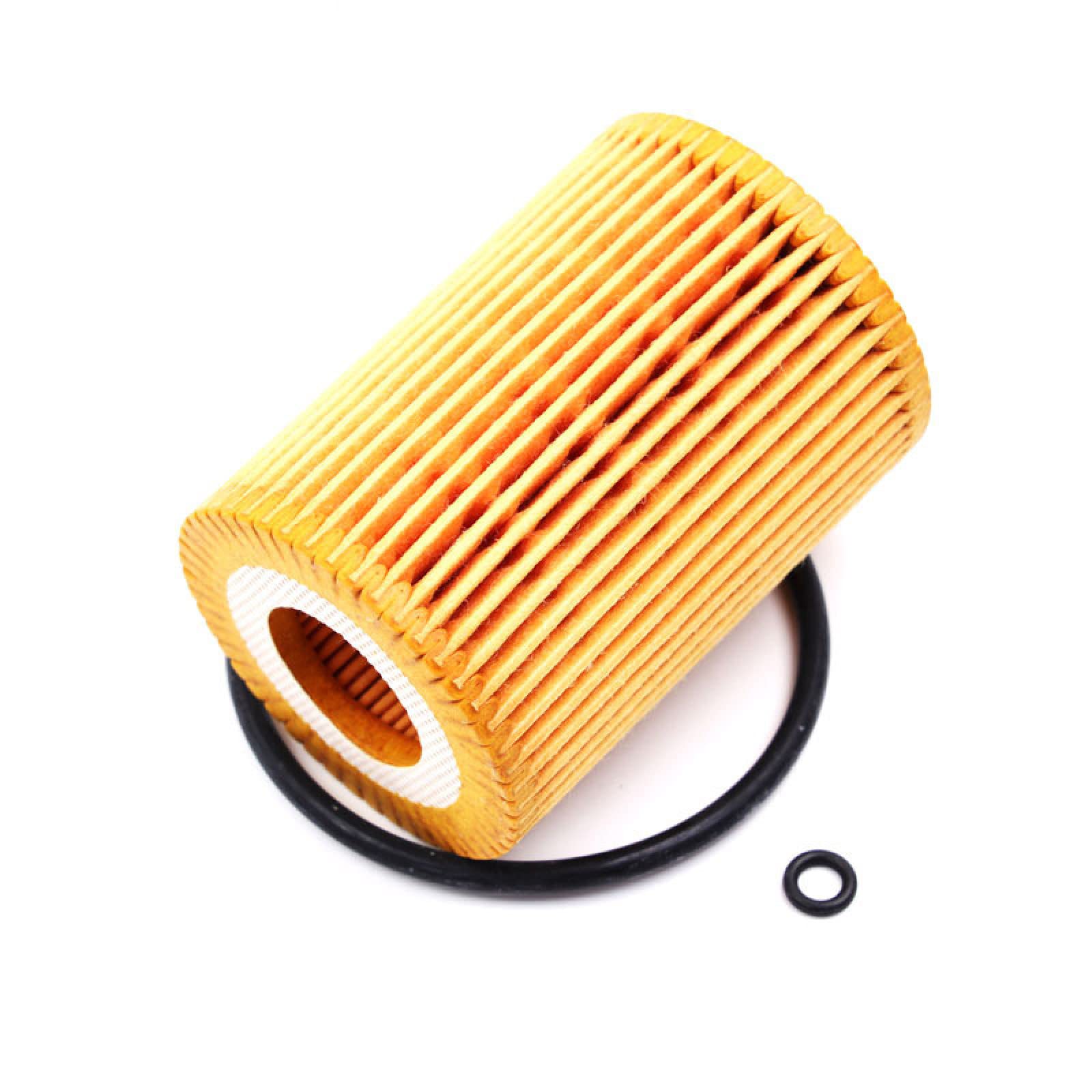 1017110XED95 P Series oil filter with yellow pleated filter body and black sealing ring, shown from angled side view