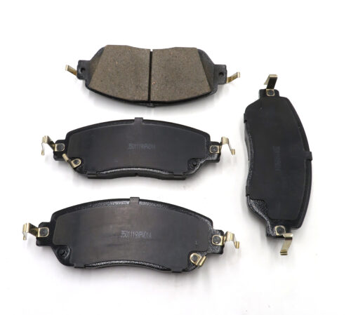 3501119XPW01A GWM Poer front brake pads with dark friction surface and metal backing plates, shown as a full pad set