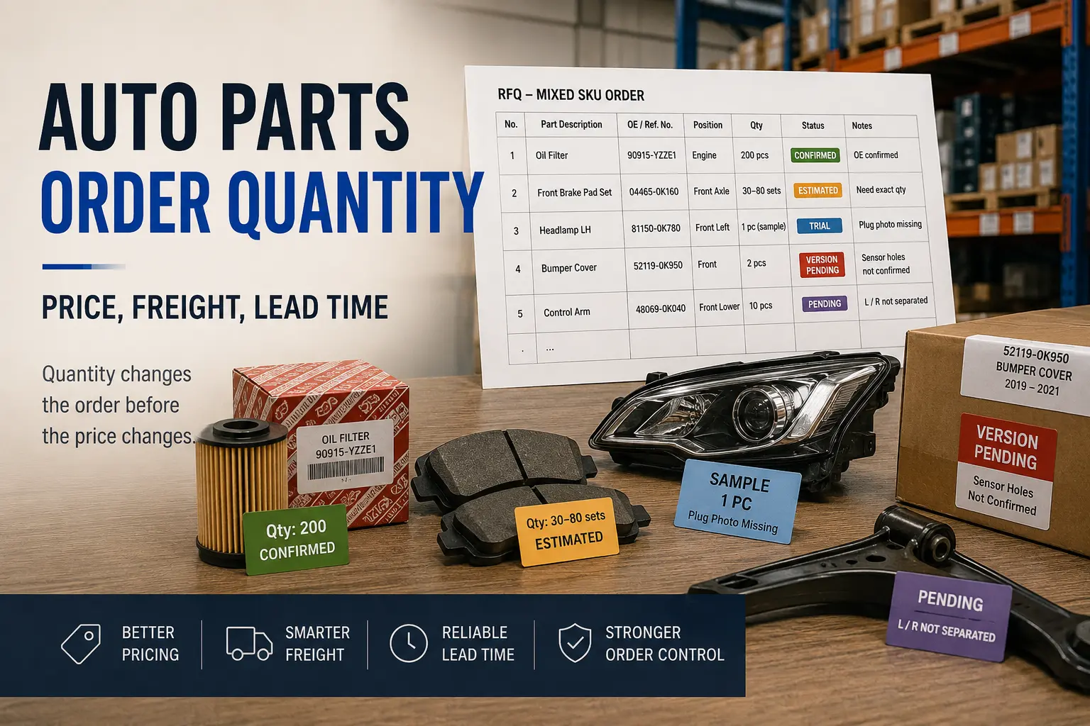 Auto parts order quantity planning image showing confirmed, estimated, and version-pending lines before quotation, freight, and packing decisions.