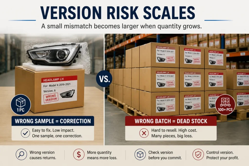 Auto parts order quantity risk image showing wrong headlamp sample versus wrong batch stock, explaining how version errors scale with quantity.