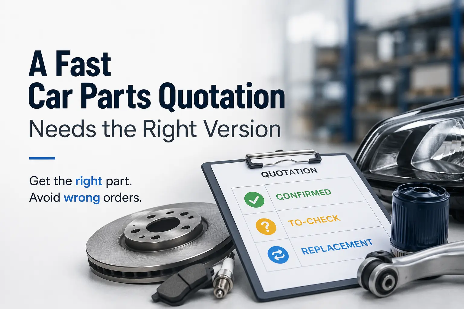 Car parts quotation RFQ sheet showing confirmed, to-check, and replacement lines for version confirmation before pricing.