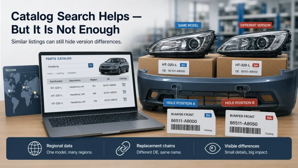 Fast car parts quotation example showing wrong order risks from mismatched headlamp, bumper holes, brake pad shape, and left-right side errors.