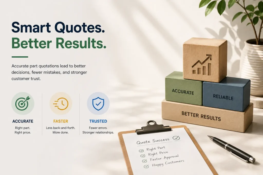 Car parts quotation concept showing accurate price confirmation, fewer errors, and better results through version checks before order approval.