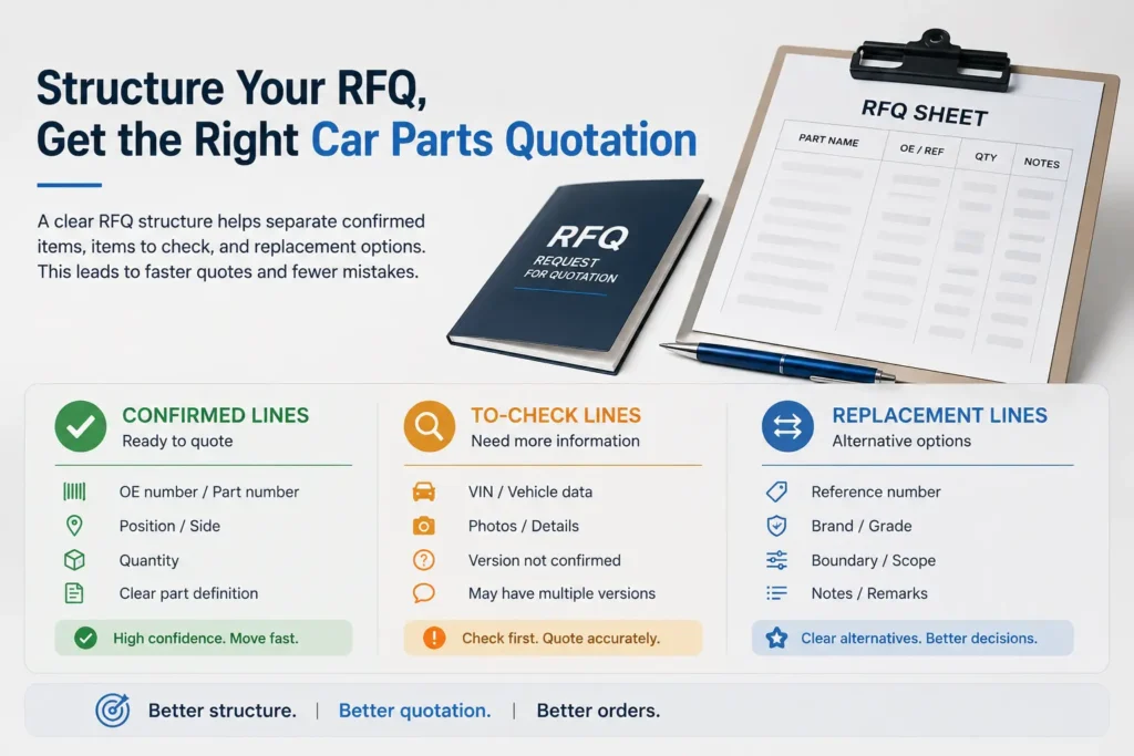 Car parts quotation RFQ structure showing confirmed lines, to-check lines, and replacement lines for cleaner order status before pricing.