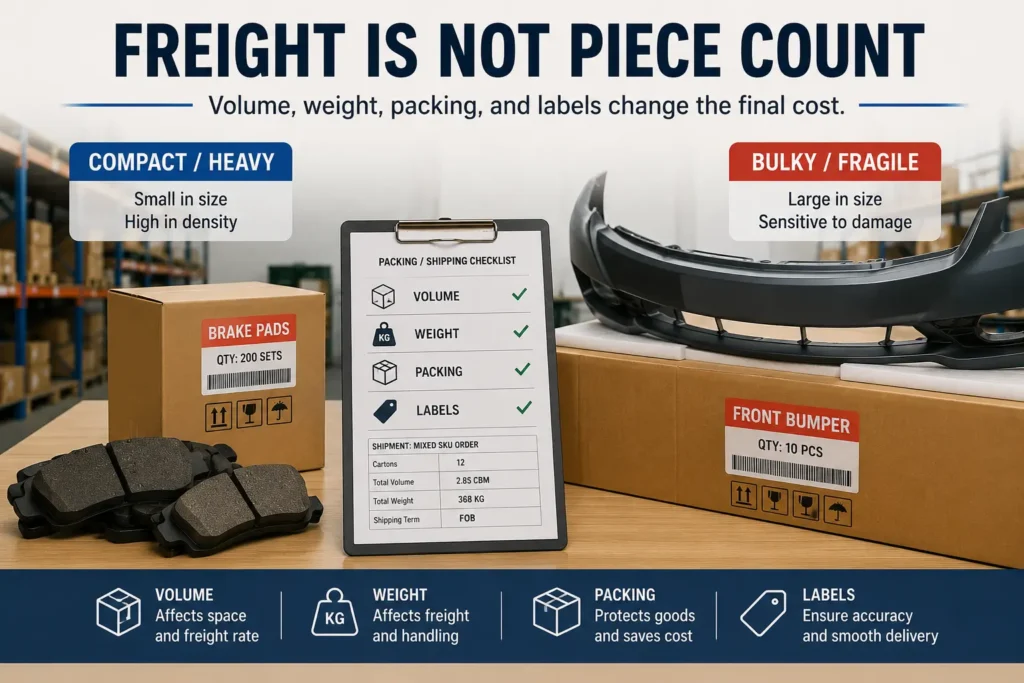 Import auto parts freight planning image showing brake pads and bumper cartons with volume, weight, packing, and labelling checks.