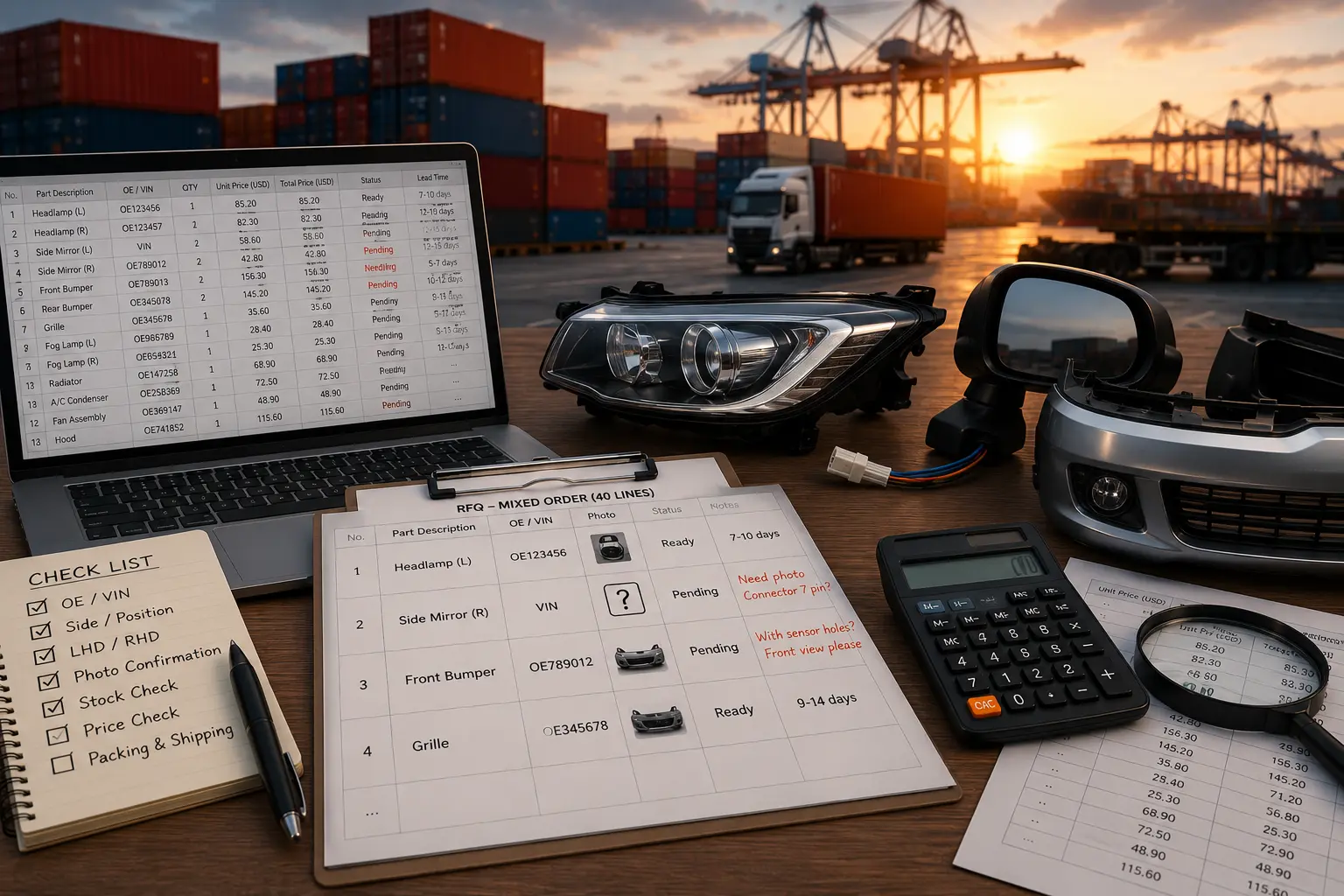 Import auto parts procurement signals showing RFQ review, pending SKUs, price checks, VIN limits, and photo confirmation. Placement: Featured Image