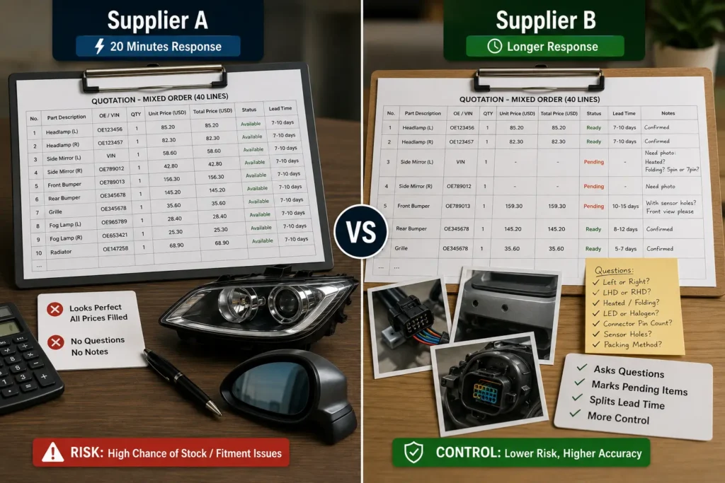 Import auto parts supplier comparison showing fast quote risk versus control through questions, pending items, and split lead times.
