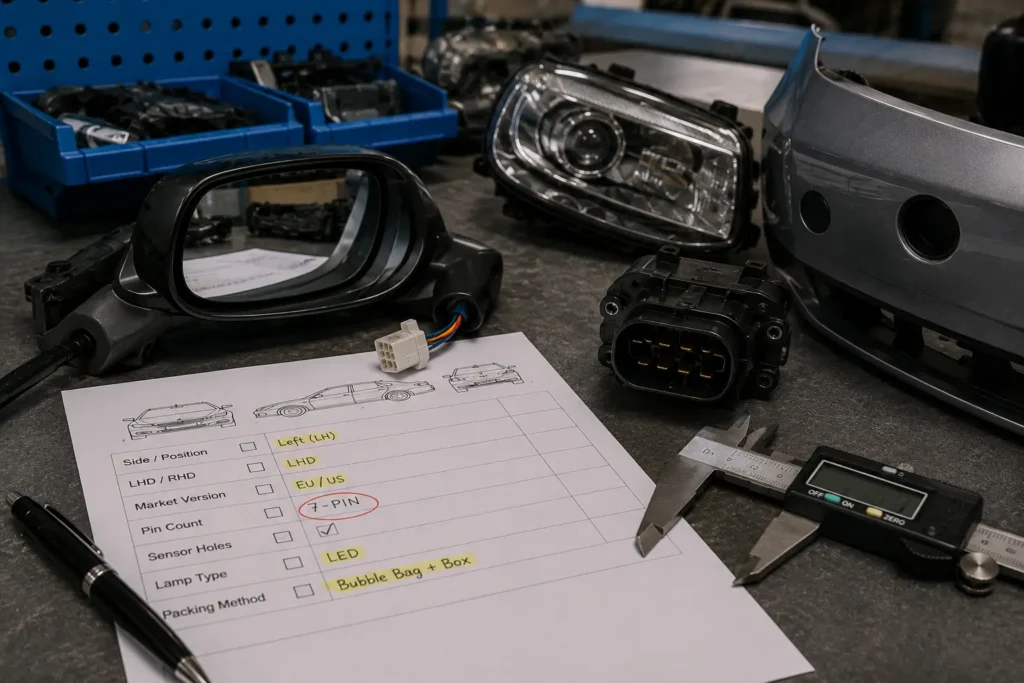 Import auto parts technical questions checklist for mirrors, headlamps, bumpers, pin count, sensor holes, and lamp types.