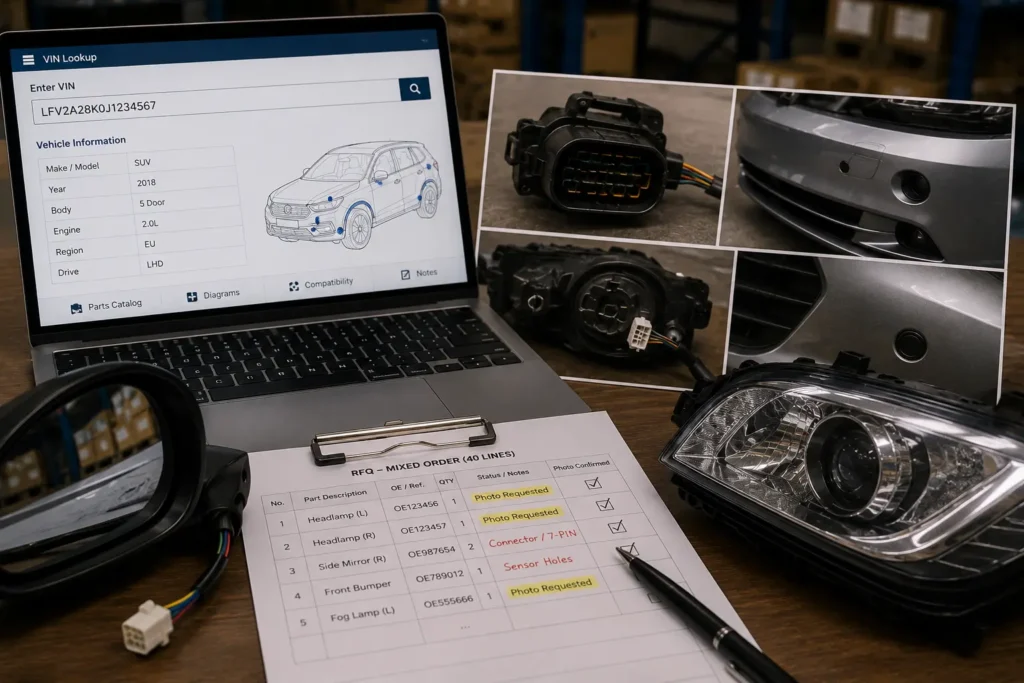 Import auto parts VIN and photo confirmation showing connector, bumper sensor holes, and headlamp details for configuration-sensitive parts.