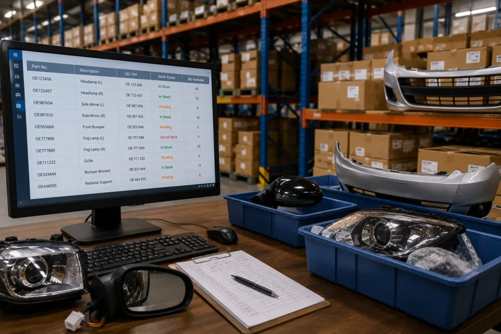 Import auto parts warehouse reality versus sales list showing ready stock, pending items, and out-of-stock risk before payment.