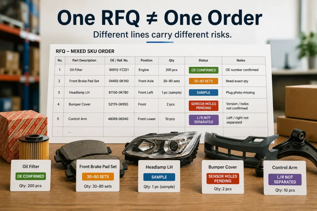 Mixed SKU order RFQ showing oil filter, brake pads, headlamp sample, bumper version check, and left-right control arm quantity risk.
