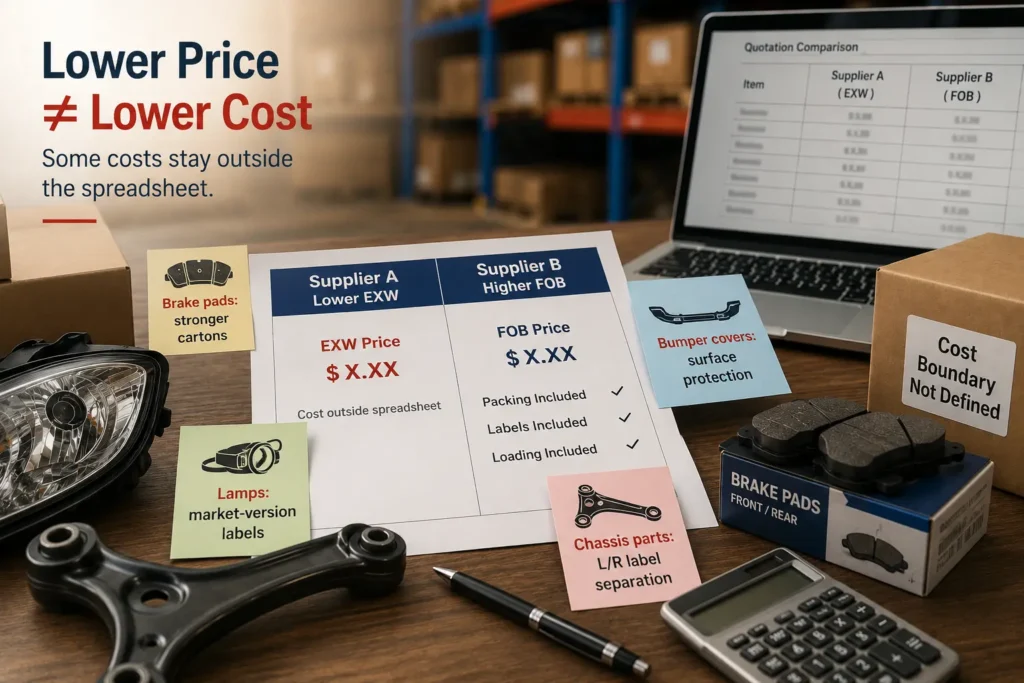 Auto parts quote review showing a lower EXW price with unclear cost boundary for brake pads, lamps, bumper covers, and chassis parts.
