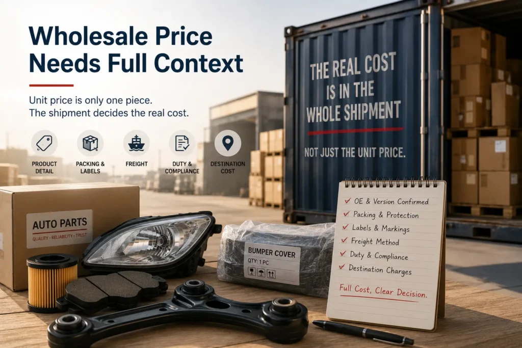 Auto parts wholesale price comparison image showing oil filters, brake pads, lamps, bumper covers, and chassis parts checked against freight and packing reality.
