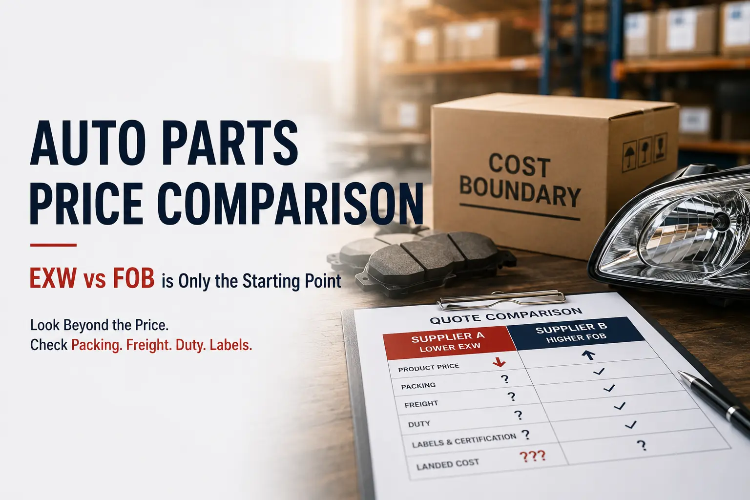 Auto parts price comparison image showing EXW and FOB quote boundaries with packing, freight, duty, and label cost checks before import buying decisions.