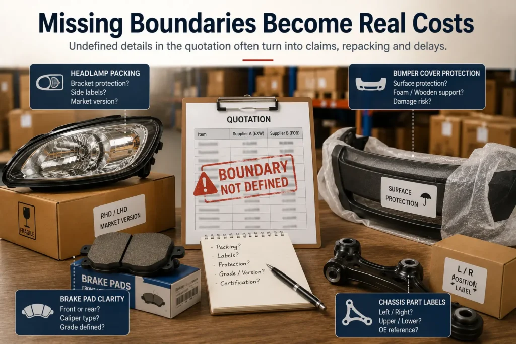 Hidden auto parts cost image showing headlamp packing, bumper protection, brake pad grade, and chassis side labels missing from quote boundaries.
