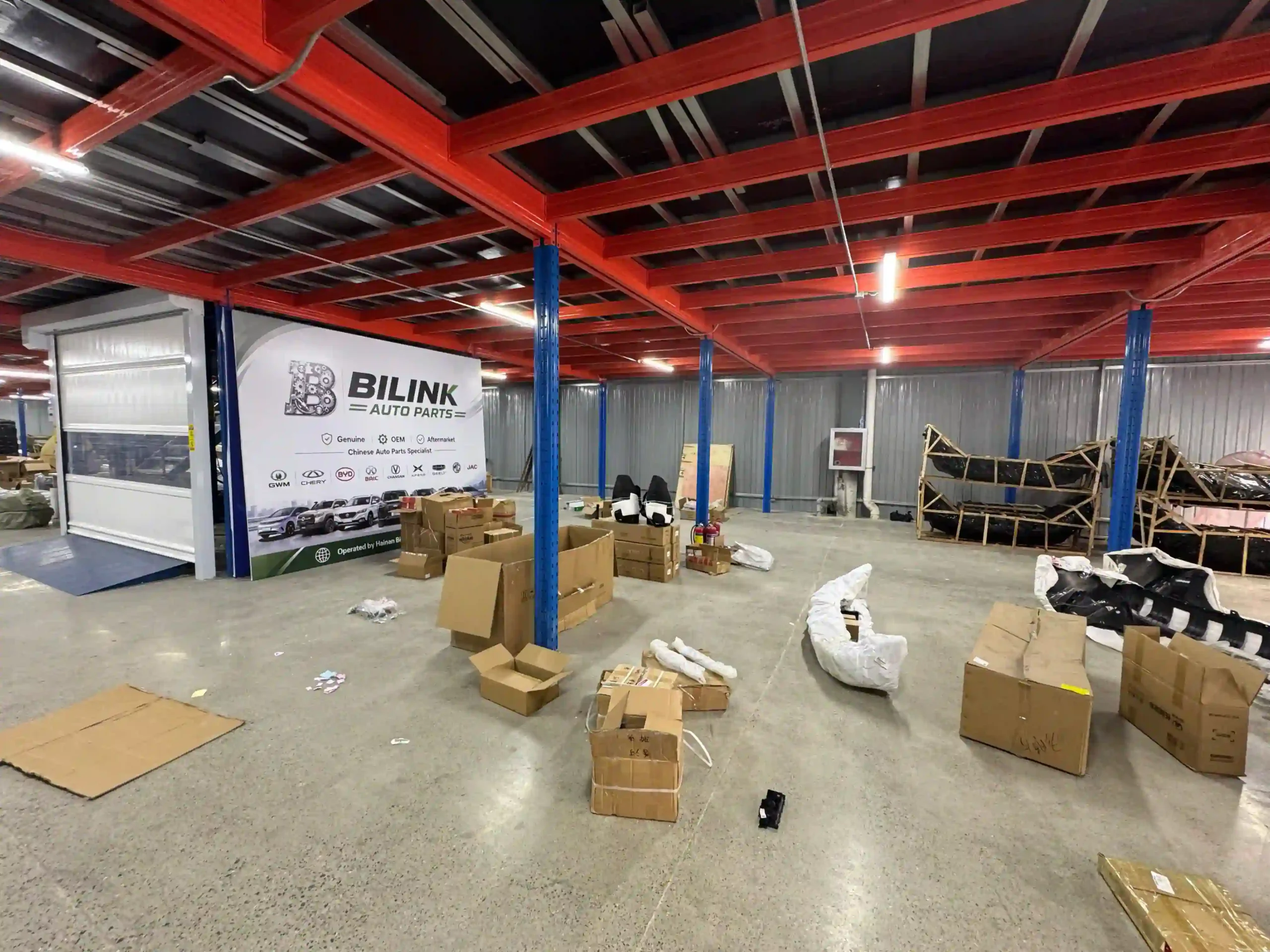 Bilink Auto Parts Order Handling Area Bilink Auto Parts order handling area with auto parts cartons and packing preparation space in Langfang China