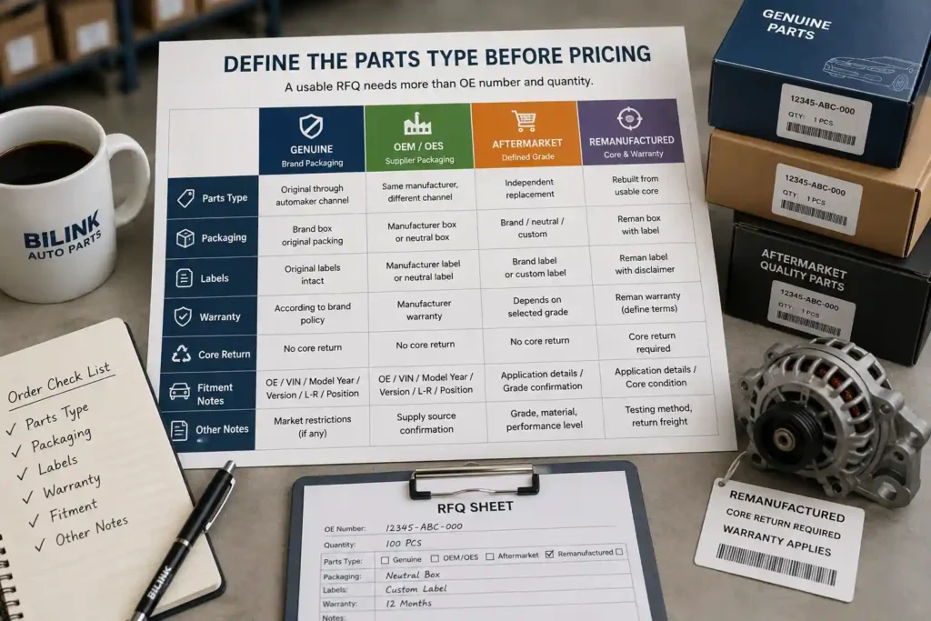 Comparison of genuine auto parts, OEM/OES, aftermarket replacement auto parts, and remanufactured supply types before pricing.