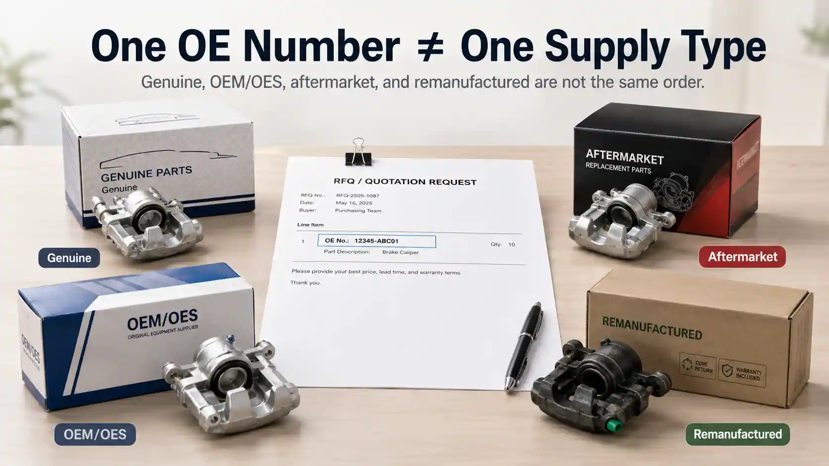 Genuine auto parts comparison image showing genuine, OEM/OES, and aftermarket supply types in different packaging before importer ordering decisions.