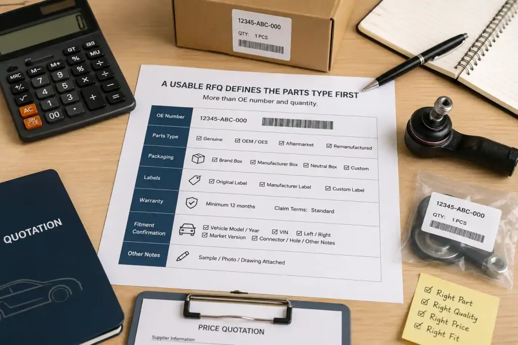 Auto parts RFQ form defining genuine, OEM/OES, aftermarket, or remanufactured supply, packaging, labels, warranty, and fitment.