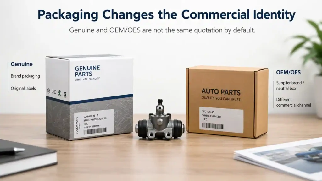 Genuine auto parts and OEM/OES packaging comparison showing brand packaging, neutral boxes, and different commercial channels.