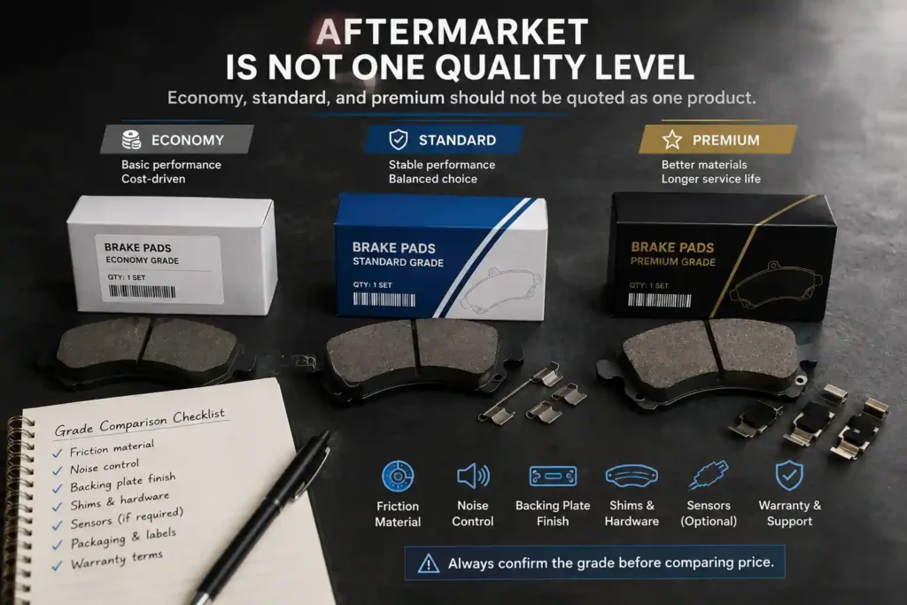 Aftermarket replacement auto parts shown in economy, standard, and premium grades with different brake pad specifications.