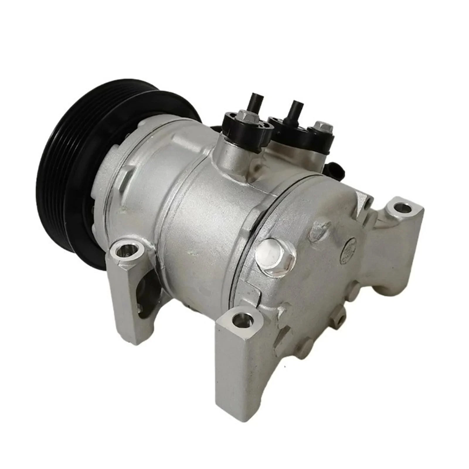 8103100XSZ08C Haval Jolion air conditioning compressor, angled rear view showing the cylindrical metal body, electrical connector, and mounting flanges.