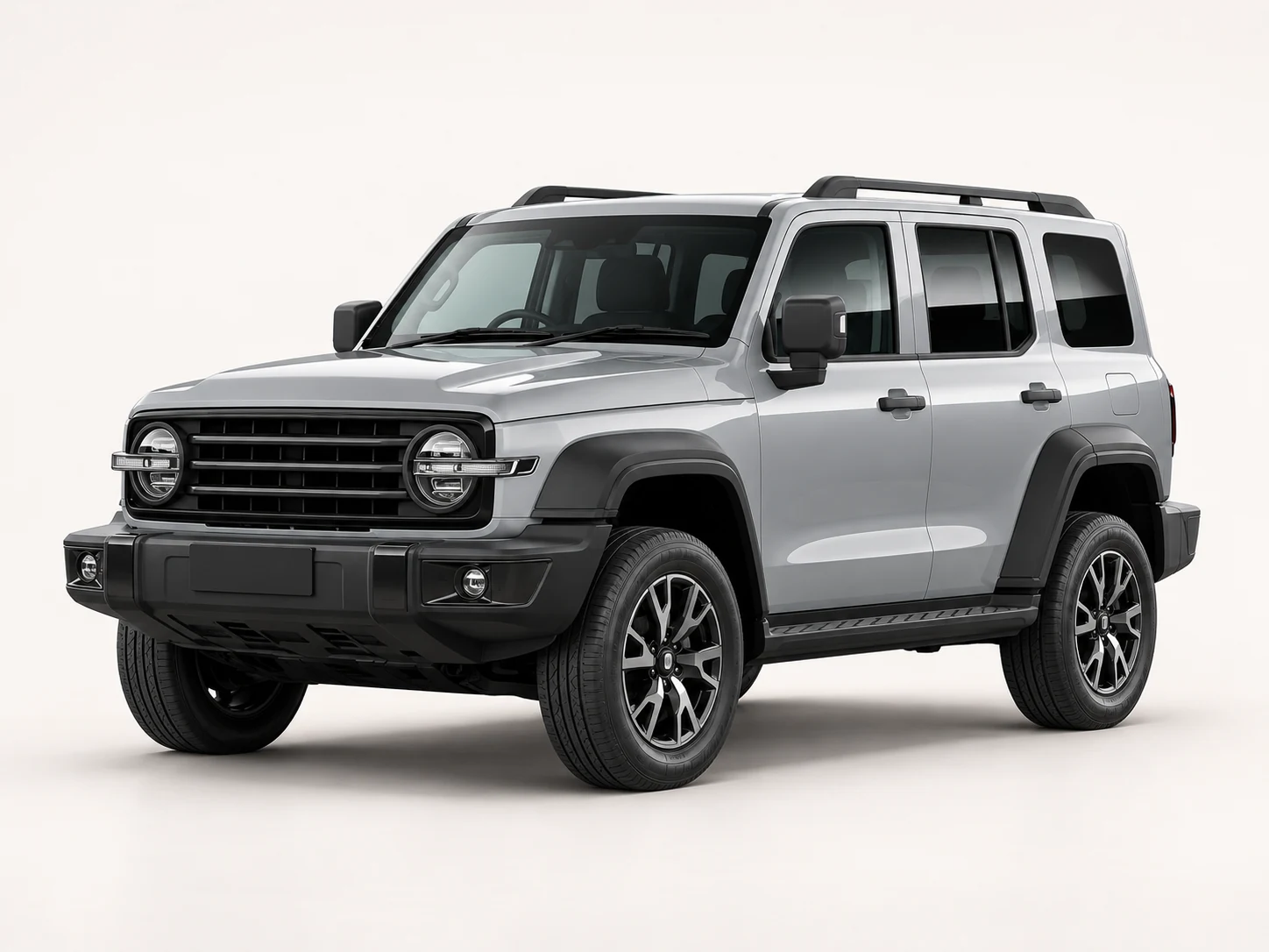 Studio illustration of a silver-grey Tank 300 SUV with round headlights, black wheel-arch trim and roof rails.